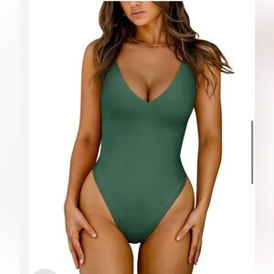 Green V-Neck Swimsuit One-Piece Bathing Suit Women Size M (8-10)